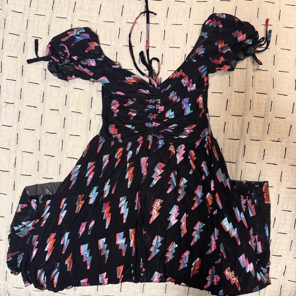 Blackmilk Ziggy Tea Party Off-Shoulder Black and Multi-Color Midi Dress - Picture 4 of 6